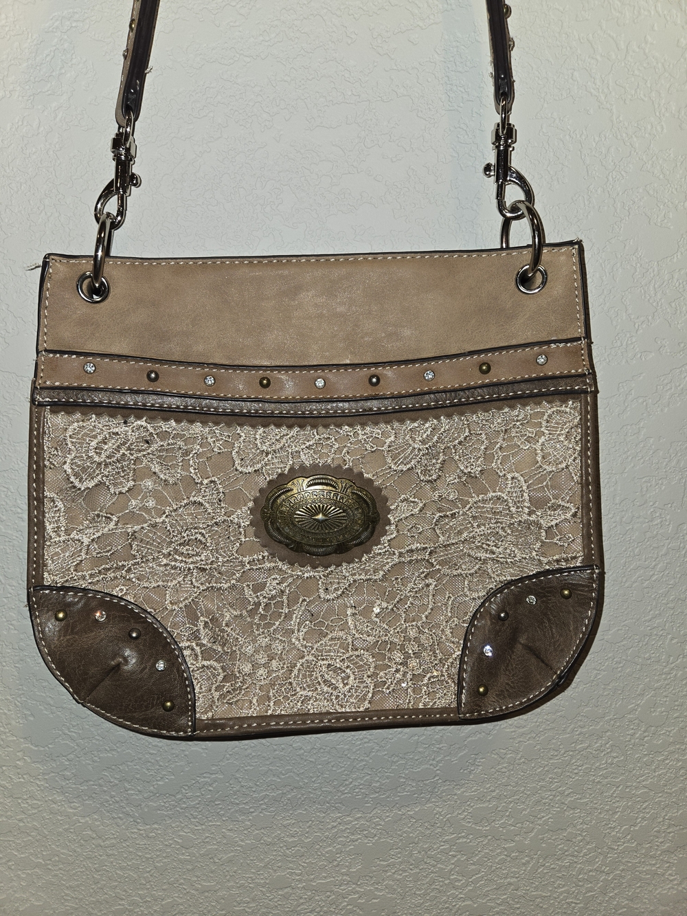 Justin Tan Faux Leather Lace Crossbody Shoulder Bag